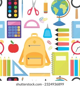 School themed pattern school supplies lined up on white background vector illustration