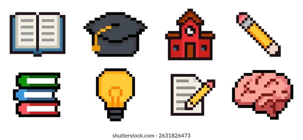 School themed pixel art set emojis isolated on white background