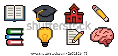 School themed pixel art set emojis isolated on white background