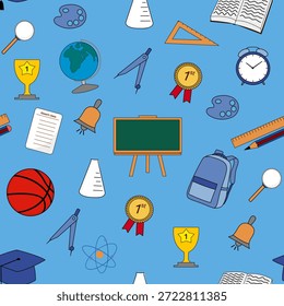 School themed seamless pattern on blue background featuring books, backpack, pencil, ruler, chalkboard, trophy, globe, attendance sheet, compass, bell, alarm clock, for education designs.