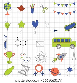 Conjunto de pegatinas temáticas de la escuela, Elementos de diseño, colecciona tus composiciones