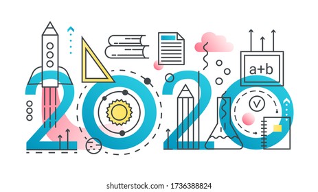 School thin line concept vector illustration. Website interface creative linear design with abstract flat 2020 word, symbols of college, course or public school, education technology tools elements
