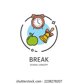 School Thin Line Icon Break Concept Include of Apple, Bell and Clock. Vector illustration of Lunchtime