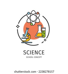 School Thin Line Icon Science Concept Include of Microscope and Flask. Vector illustration Chemistry and Biology Research