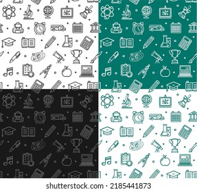 Iconos de línea delgada de escuela sin problemas conjunto de fondo de patrón para diseño de aplicaciones y web. Ilustración del vector