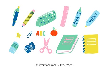 School things, office supplies, stationery items set. Pen, pencil, book, sharpener, eraser, scissors, notebook, ruler, crayon, etc. Education, student related item set.