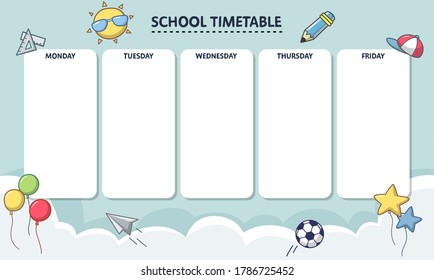 School timatable template with cartoon style for children. Vector weekly planner for elementary school.