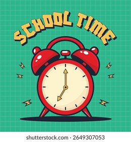 School Time Alarm Clock with Ringing Bell Flat Vector Illustration.