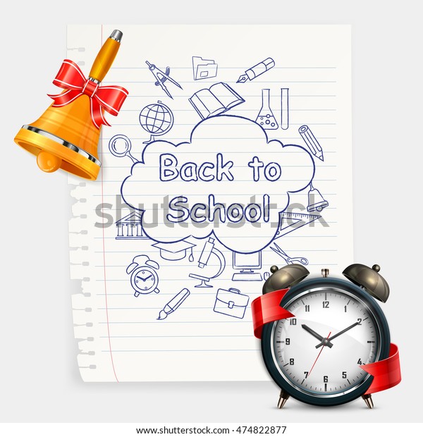 School time. Alarm clock and sketch items,
freehand chalk drawing icons on paper with blank for text space on
white. Vector
illustration