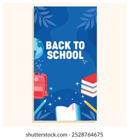 School time announcements. Red backpack with school supplies. Back to School concept. Flat vector illustration.