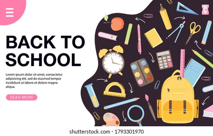 School time or back to school banner design. Various school supplies. Books, backpack, alarm clock, stationery, ball etc. Vector web page banner illustration.