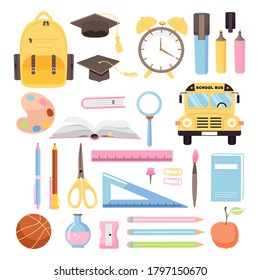 School time or back to school set. Collection of various school supplies. Illustration on white background.