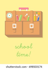 School time backpack with equipment on light yellow background