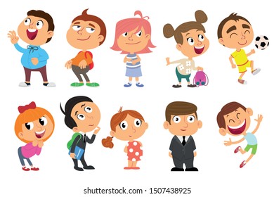 School time. Children go to school. different funny kids on a white background. Funny cartoon character. Vector illustration. Isolated on white background