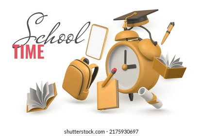 School time concept. School bag with book, phone, pencil, alarm clock, graduation cap and diploma. Vector illustration.