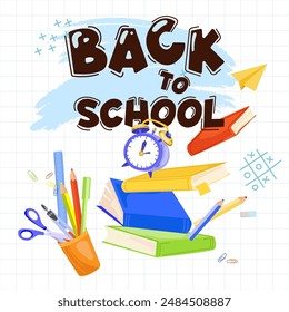 School Time concept vector illustration. Flying textbooks, notebooks, alarm clock, pencils and pens, stationery with the text Back to school conceptual illustration banner poster template