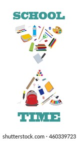 School time design. School bag, lunch box and water bottle, sport bag and other school supplies flat vector template in shape of hourglass.