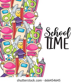 School time doodle clip art greeting card. Cartoon vector illustration for flyer to banner. Typography script text. 