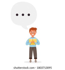 School time or education illustration. Young boy character holding open book and reading. Speech bubble with thinking. Vector on white background.