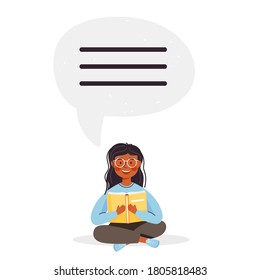 School time or education illustration. Young girl character holding open book and reading. Speech bubble with thinking. Vector on white background.