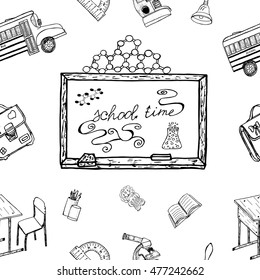 School Time. Hand drawn background. Ideal Quality Sketch Drawing seamless pattern for your Schooling design. Draft elements, signs, symbols about Learning. Art Doodle objects. Vector Illustration.