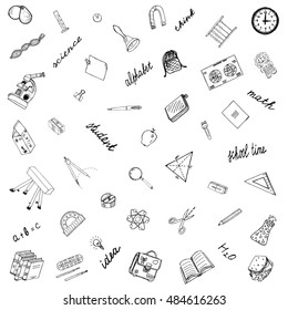 School Time. Hand Drawn Icons. Ideal Set Drawings protractor, book, pencil, map, magnifying glass, compass, notebook, calculator, bell, for Schooling Mood Design. Sketch illustration. Doodles Vector.