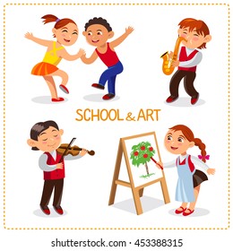 School time. Happy boys and girls. Cute schoolchild are dancing, painting, playing at a saxophone and a violin. Vector set Isolated on a white background.