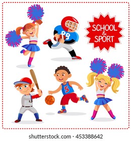 School time. Happy boys and girls. Sport for kids including basketball, baseball, american football and cheerleaders. Vector set Isolated on a white background.