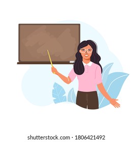 School time illustration. Woman teacher teach at blackboard in classroom. Teacher holding pointer and giving lesson. Design composition for school, college, university. Vector on white background.