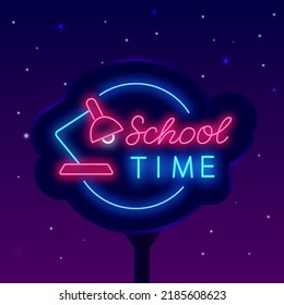 School Time Neon Signboard. Shiny Street Billboard. Table Lamp Icon With Circle. Website Promotion. Welcome Sign For University. Shiny Banner. Education Design. Vector Stock Illustration