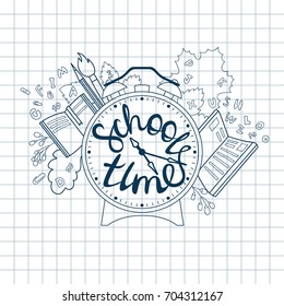 School time poster with alarm, lettering, letters, school supplies,  leaves. Pupillary education line background.