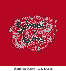 School time poster, hand drawn lettering, education background.  school time inscription on the background of school stationery items and hand drawn icons, vector
