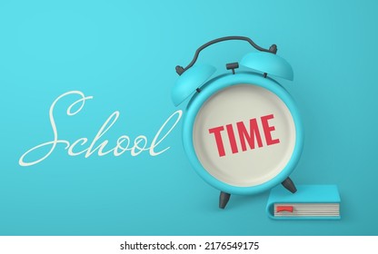 School time promo banner design. Cute 3d alarm clock and book. Vector illustration.