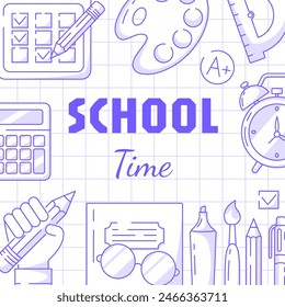 Schulzeit, quadratisches Poster, karierter Hintergrund. Vektorgrafik minimalistisches Design mit Schulbedarf, Schreibwaren, Bleistift in der Hand. Bildung, Lernkonzept. Für Social Media, Banner, Flyer, Card, Post