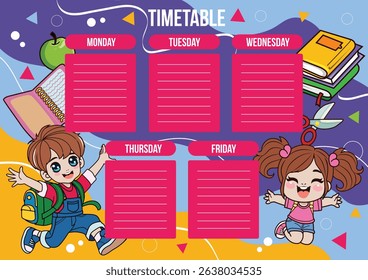 school time table with happy boy and girl vector illustration