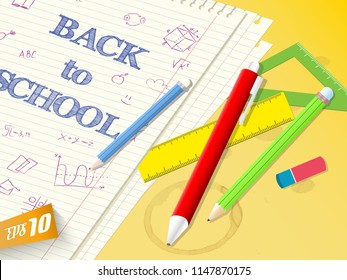 School time template with paper notes pencils pen eraser rulers and hand drawn elements vector illustration