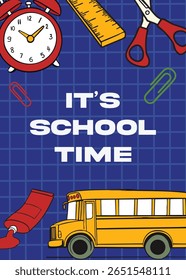 It's School Time Vector Illustration with School Bus and Supplies.