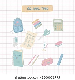 Ilustración vectorial del horario escolar con útiles escolares