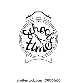 School time vector poster, with alarm and hand lettering. Design for  banner and label school theme. Knowledge day poster.