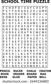 And School Time Word Search Puzzle Featuring School Supplies and Alphabet Letters Grid