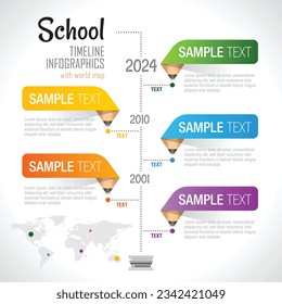 School timeline infographics colorful elements with world mapанд боокс