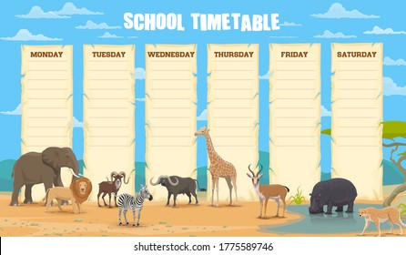 School timetable with african animals vector template. Classes weekly planner, school lessons timetable with elephant, lion and cheetah, buffalo, ram and giraffe, gazelle, hippo and zebra in savanna