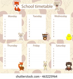 school timetable with animal stickers on autumn background with acorns