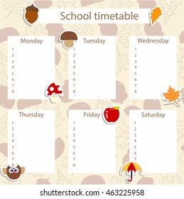 school timetable with autumn decorative stickers on the autumn background with acorns