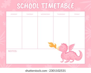 School Timetable with Baby Dragon with Wing and Tail Vector Template