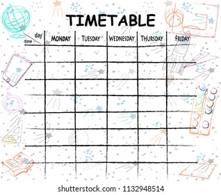 School timetable background with hand drawn elements of school supplies.
