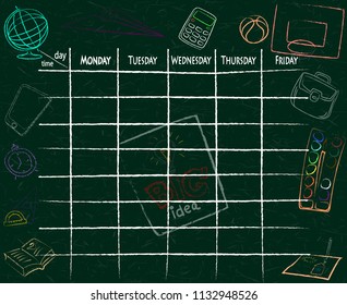 School timetable background with hand drawn elements of school supplies.