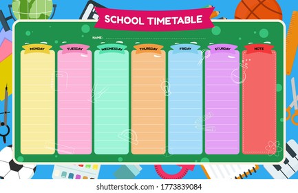 School timetable background. Weekly planner template with school supplies. vector illustration.