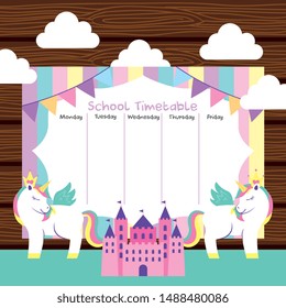 school timetable between cute universe with unicorns castle clouds and pennants. Vector illustration