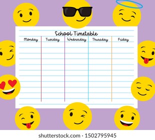 school timetable between realistic emoji happy face smile face funny face over yellow background. Vector illustration